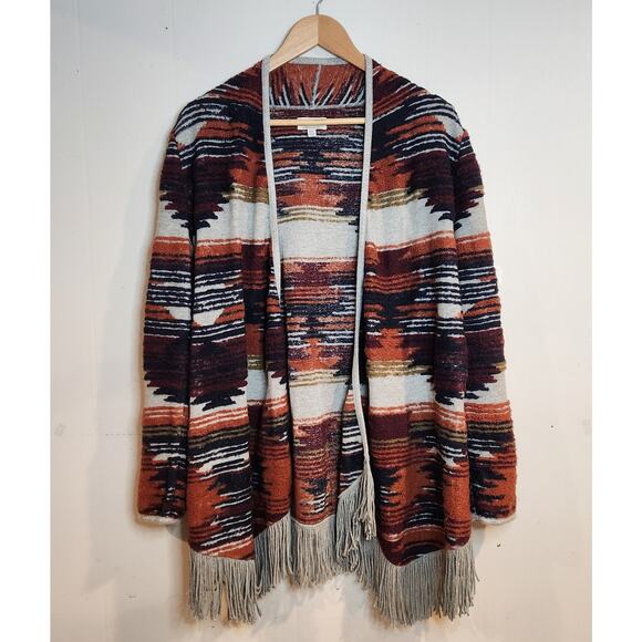 Lucky Brand Fringed M Womens Cardigan Sweater Multicolor Aztec Cotton Poly - Picture 1 of 7